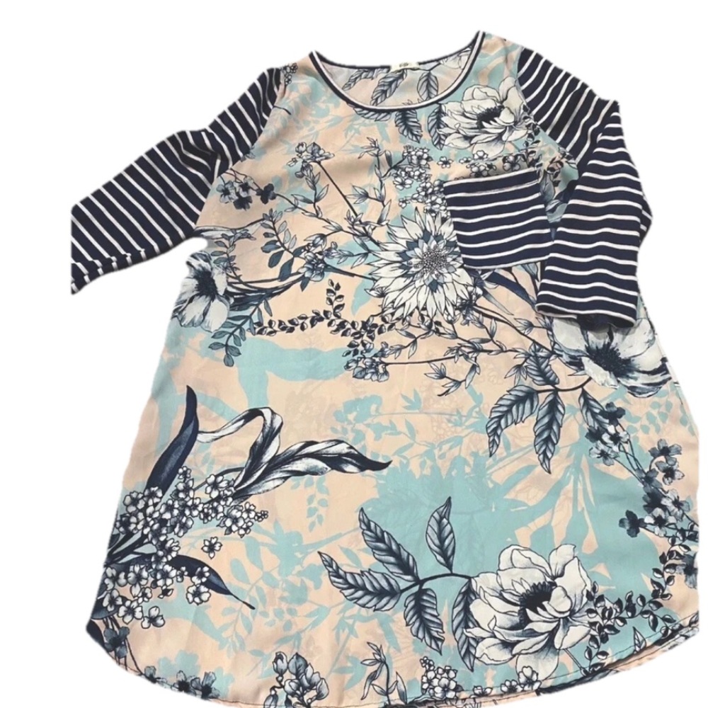 Stripe Sleeve Pink Floral Egy Tunic with Chest Pocket